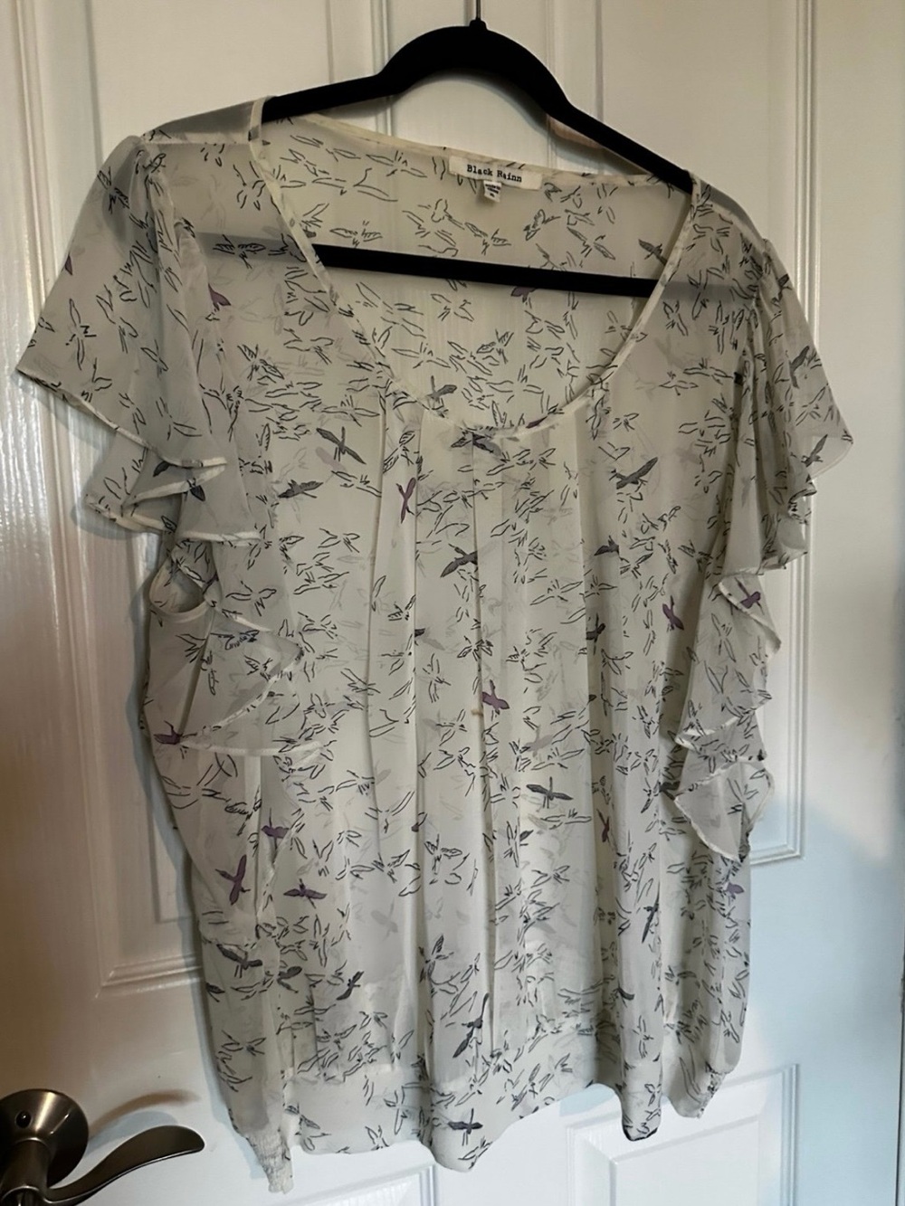 Black Rainn Cream Sheer Flutter-Sleeve Blouse with Bird Print